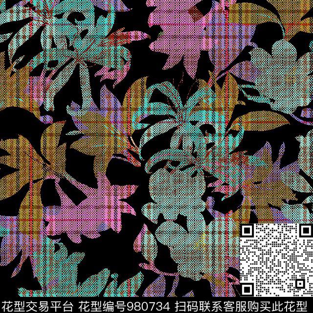 格子花卉几何传统印花华亿平台下载（图片编号: 980734） - 瓦栏（Walan）