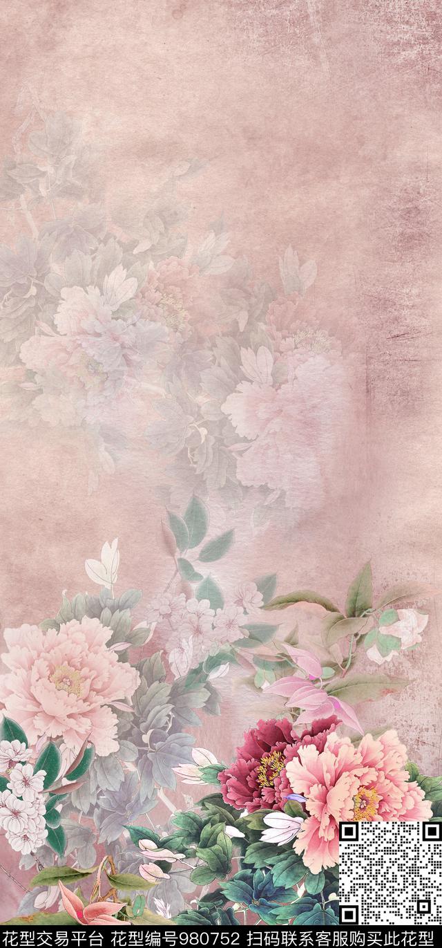 水彩花卉手绘花卉牡丹数码印花华亿平台下载（图片编号: 980752） - 瓦栏（Walan）