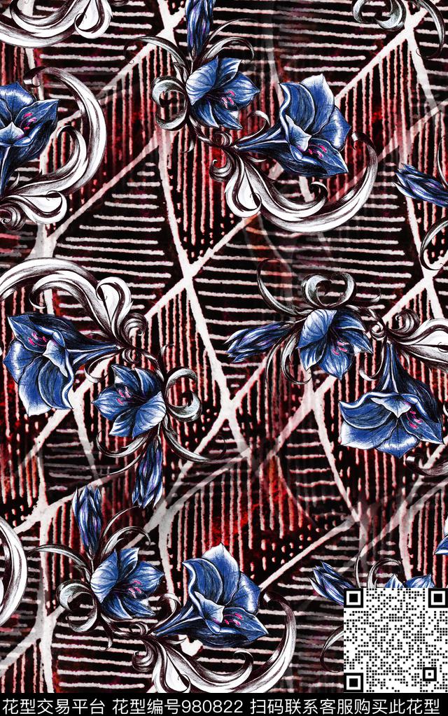 民族风抽象花卉数码印花华亿平台下载（图片编号: 980822） - 瓦栏（Walan）