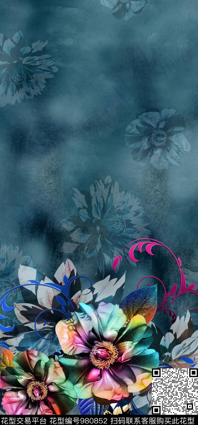 定位花卉个性抽象花卉炫彩花卉数码印花华亿平台下载（图片编号: 980852） - 瓦栏（Walan）