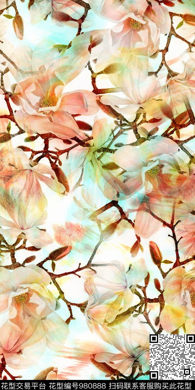 数码华亿平台手绘花卉女装数码印花华亿平台下载（图片编号: 980888） - 瓦栏（Walan）
