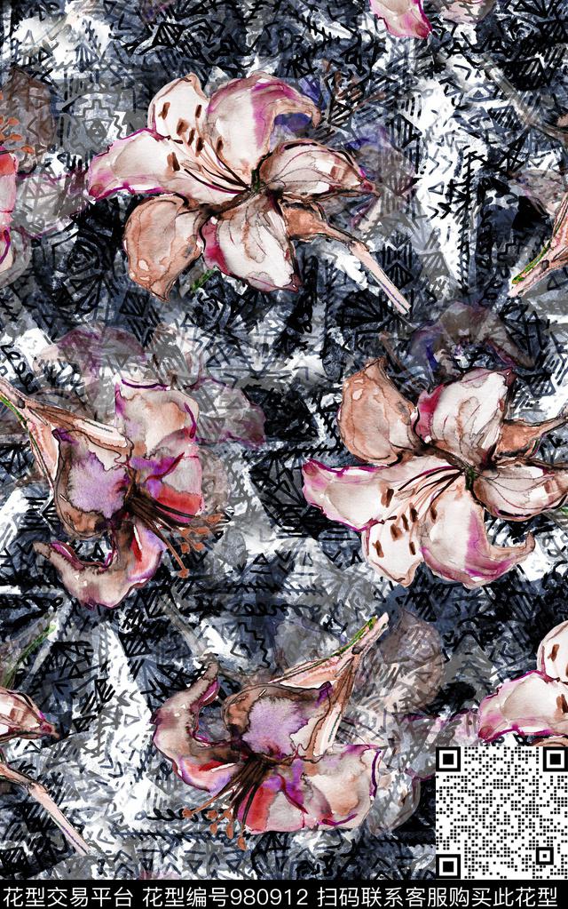 民族风抽象花卉数码印花华亿平台下载（图片编号: 980912） - 瓦栏（Walan）