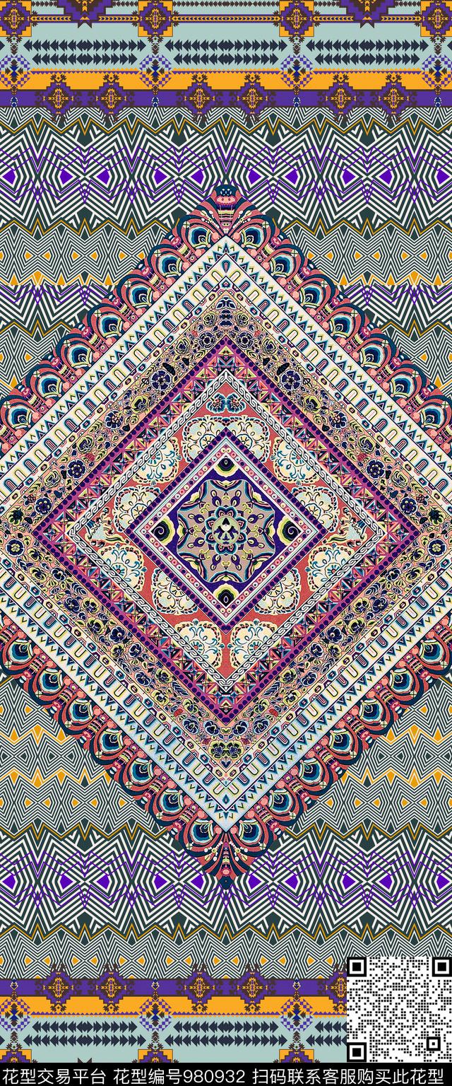 民族风几何定位花数码印花华亿平台下载（图片编号: 980932） - 瓦栏（Walan）