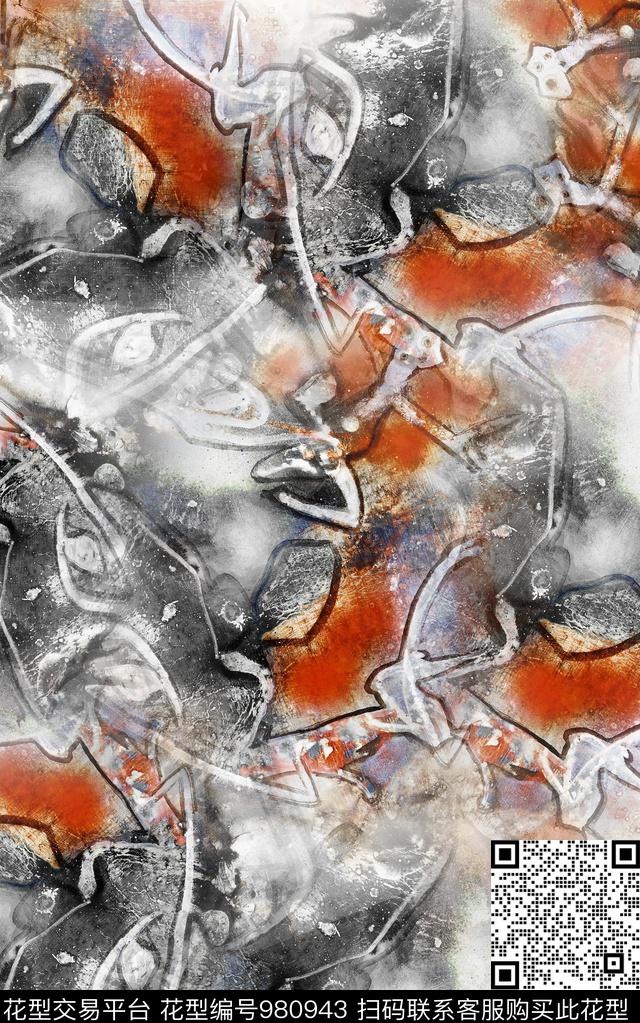 肌理抽象笔触数码印花华亿平台下载（图片编号: 980943） - 瓦栏（Walan）