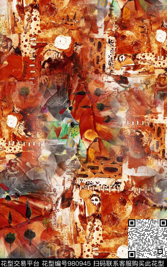 肌理抽象笔触数码印花华亿平台下载（图片编号: 980945） - 瓦栏（Walan）