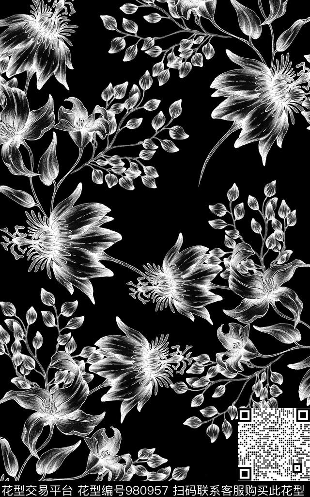 花卉黑白华亿平台数码印花华亿平台下载（图片编号: 980957） - 瓦栏（Walan）