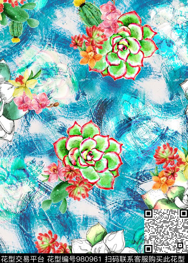 仙人掌热带华亿平台多肉植物数码印花华亿平台下载（图片编号: 980961） - 瓦栏（Walan）