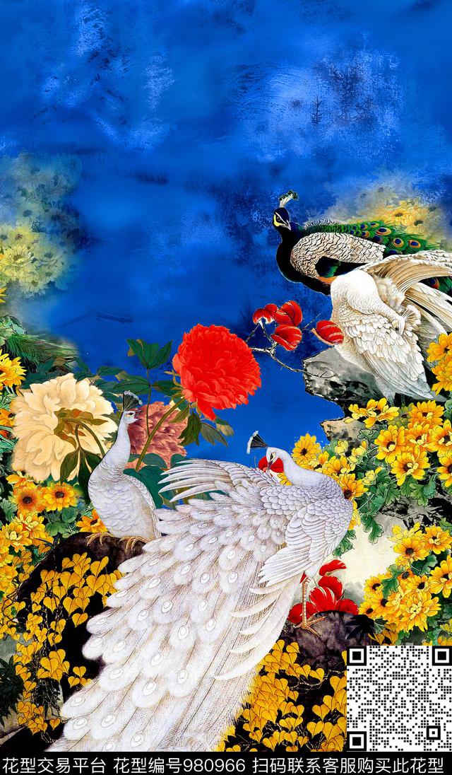 花卉孔雀中国风数码印花华亿平台下载（图片编号: 980966） - 瓦栏（Walan）
