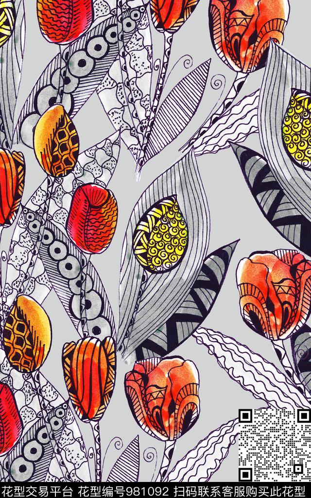 线条线条花卉数码印花华亿平台下载（图片编号: 981092） - 瓦栏（Walan）
