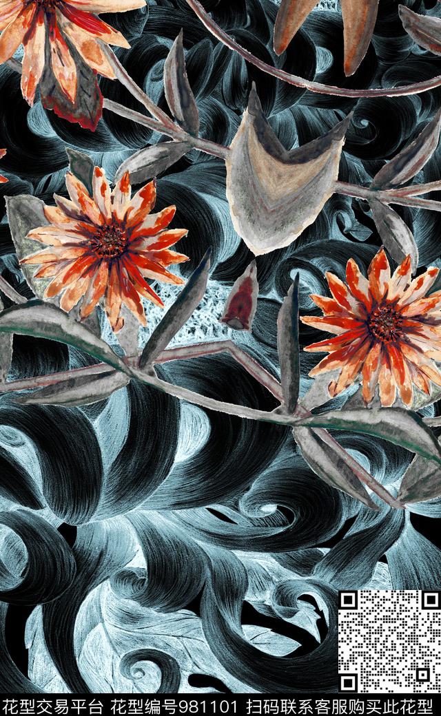 数码华亿平台定位花复古数码印花华亿平台下载（图片编号: 981101） - 瓦栏（Walan）