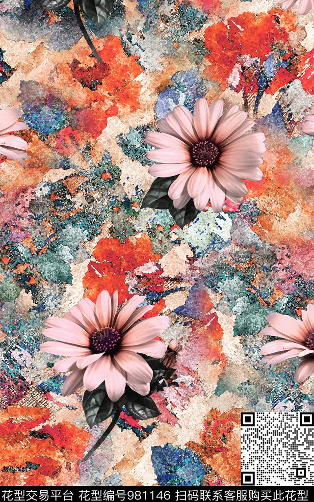 民族风抽象花卉数码印花华亿平台下载（图片编号: 981146） - 瓦栏（Walan）