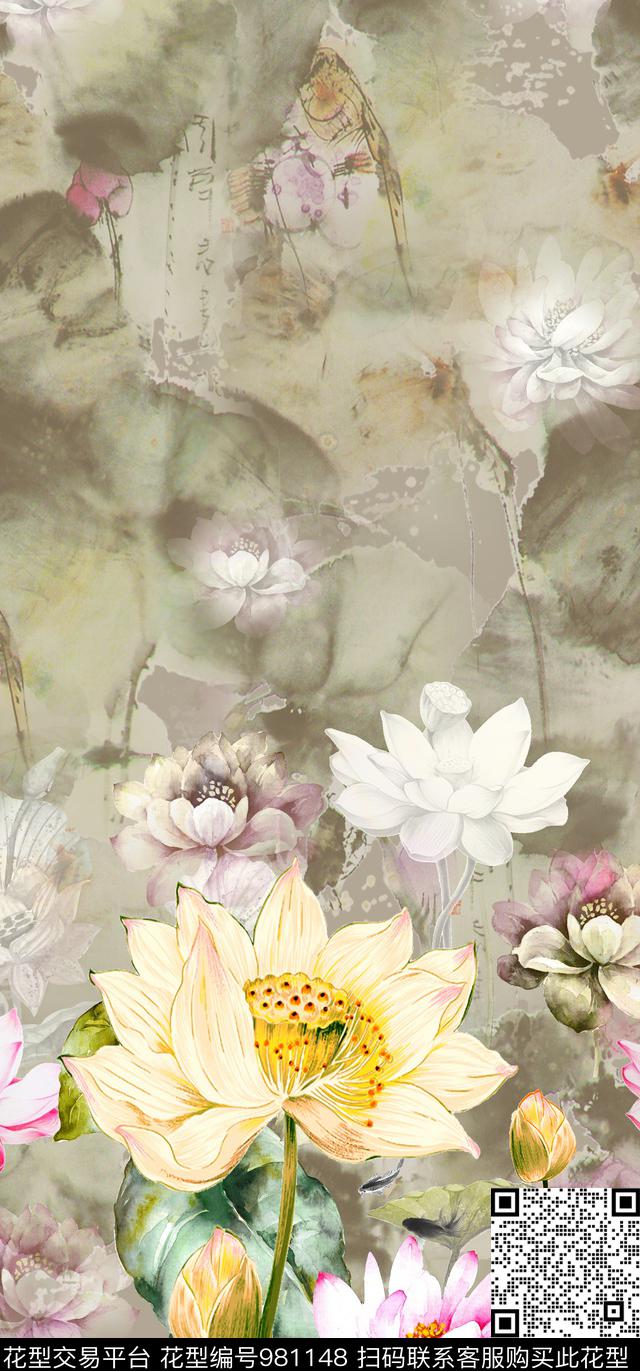水墨风抽象纹手绘荷花数码印花华亿平台下载（图片编号: 981148） - 瓦栏（Walan）