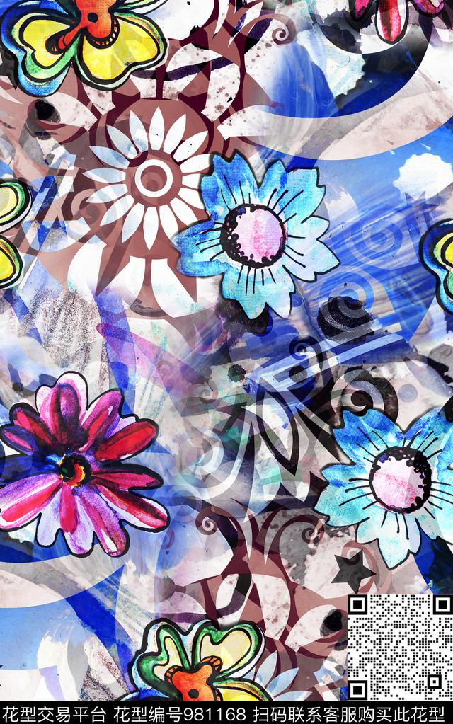 民族风抽象花卉数码印花华亿平台下载（图片编号: 981168） - 瓦栏（Walan）
