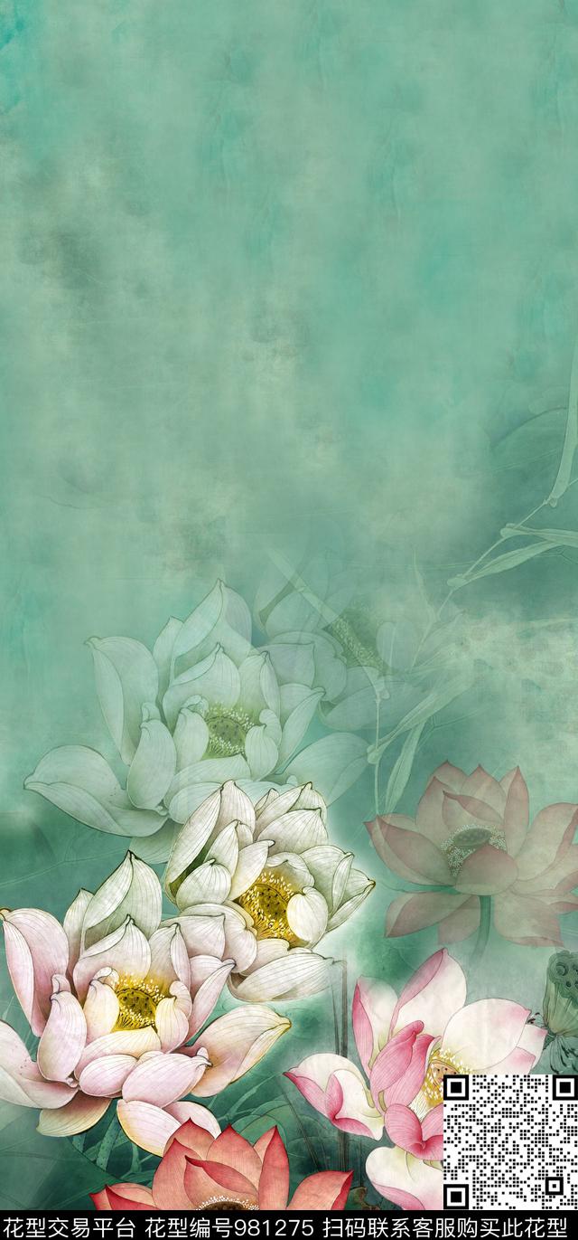 手绘花卉中国风定位花荷花数码印花华亿平台下载（图片编号: 981275） - 瓦栏（Walan）