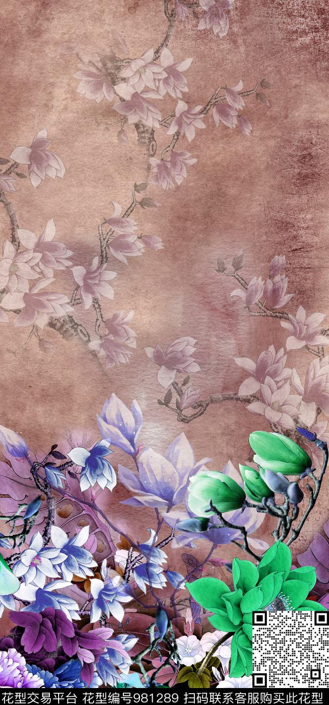 手绘花卉牡丹中国风定位花数码印花华亿平台下载（图片编号: 981289） - 瓦栏（Walan）
