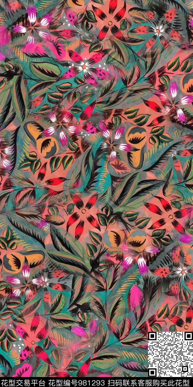 小碎花手绘花卉抽象花卉数码印花华亿平台下载（图片编号: 981293） - 瓦栏（Walan）