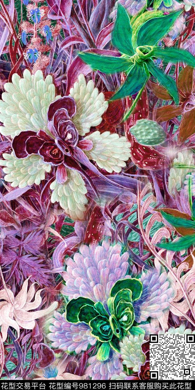 手绘花卉抽象花卉复古数码印花华亿平台下载（图片编号: 981296） - 瓦栏（Walan）