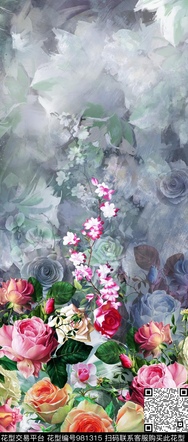 水彩花卉手绘花卉女装数码印花华亿平台下载（图片编号: 981315） - 瓦栏（Walan）