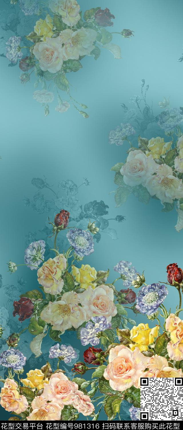 水彩花卉手绘花卉女装数码印花华亿平台下载（图片编号: 981316） - 瓦栏（Walan）