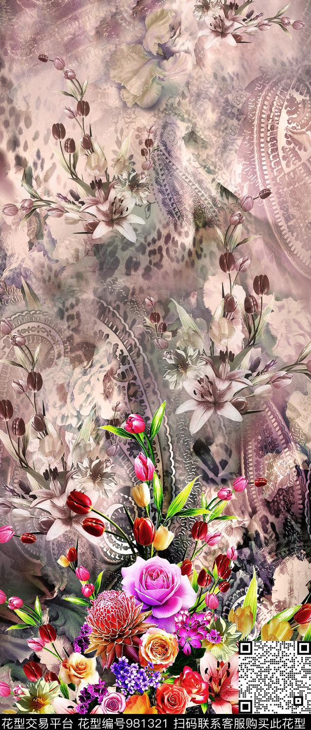 水彩花卉手绘花卉女装数码印花华亿平台下载（图片编号: 981321） - 瓦栏（Walan）