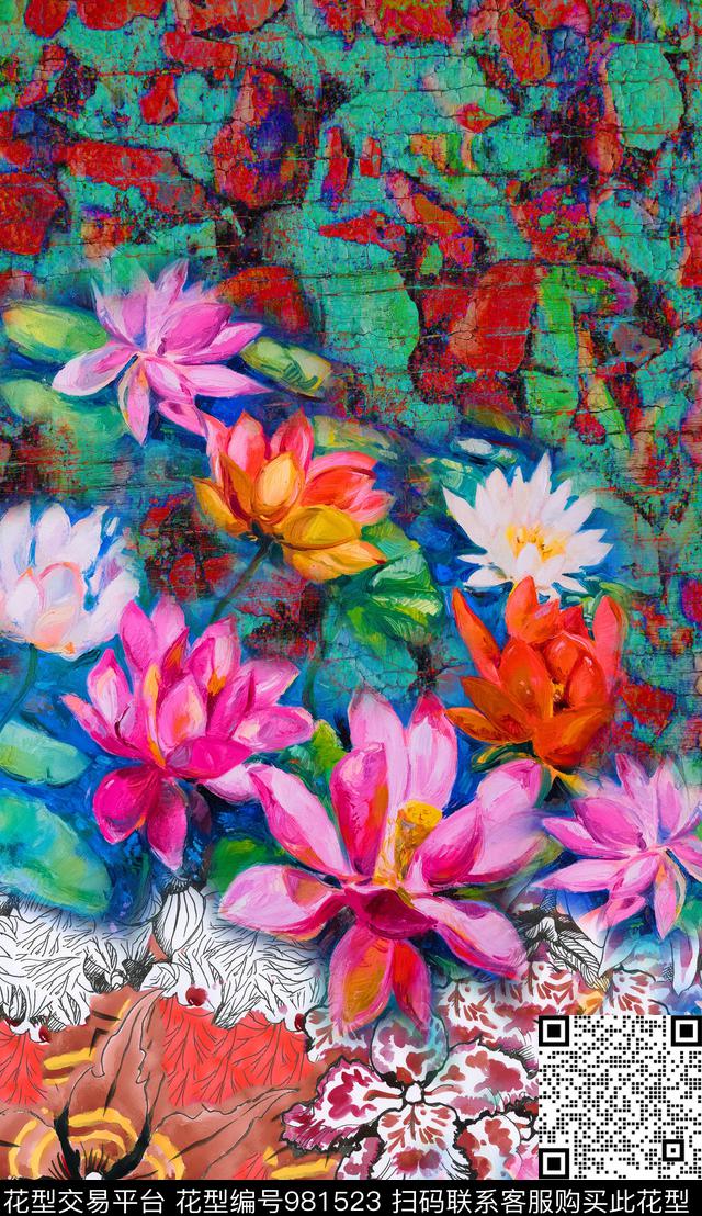 花卉定位花荷花数码印花华亿平台下载（图片编号: 981523） - 瓦栏（Walan）