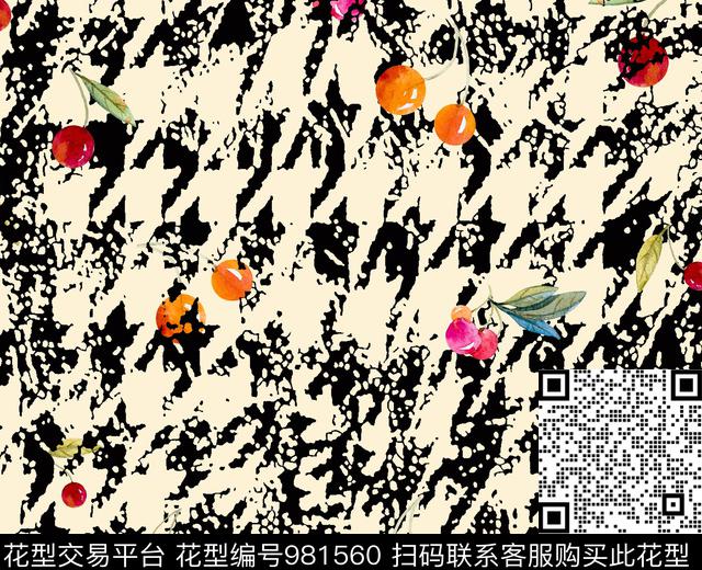 樱桃千鸟格手绘花卉数码印花华亿平台下载（图片编号: 981560） - 瓦栏（Walan）