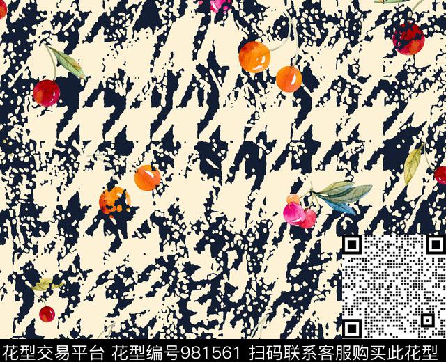 樱桃千鸟格手绘花卉数码印花华亿平台下载（图片编号: 981561） - 瓦栏（Walan）