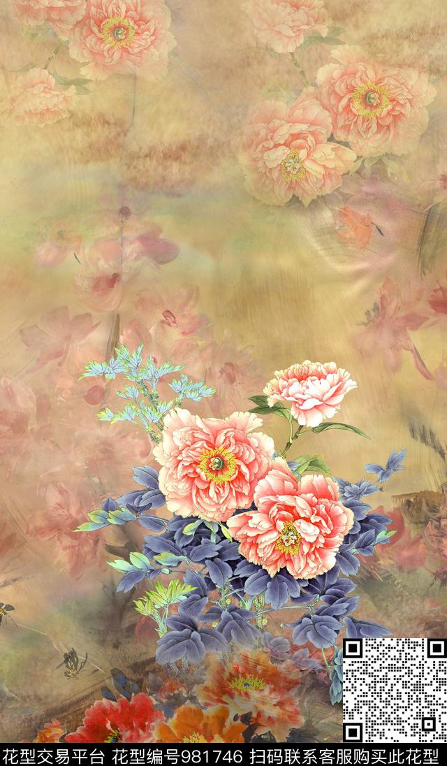 数码华亿平台中国风手绘花卉数码印花华亿平台下载（图片编号: 981746） - 瓦栏（Walan）