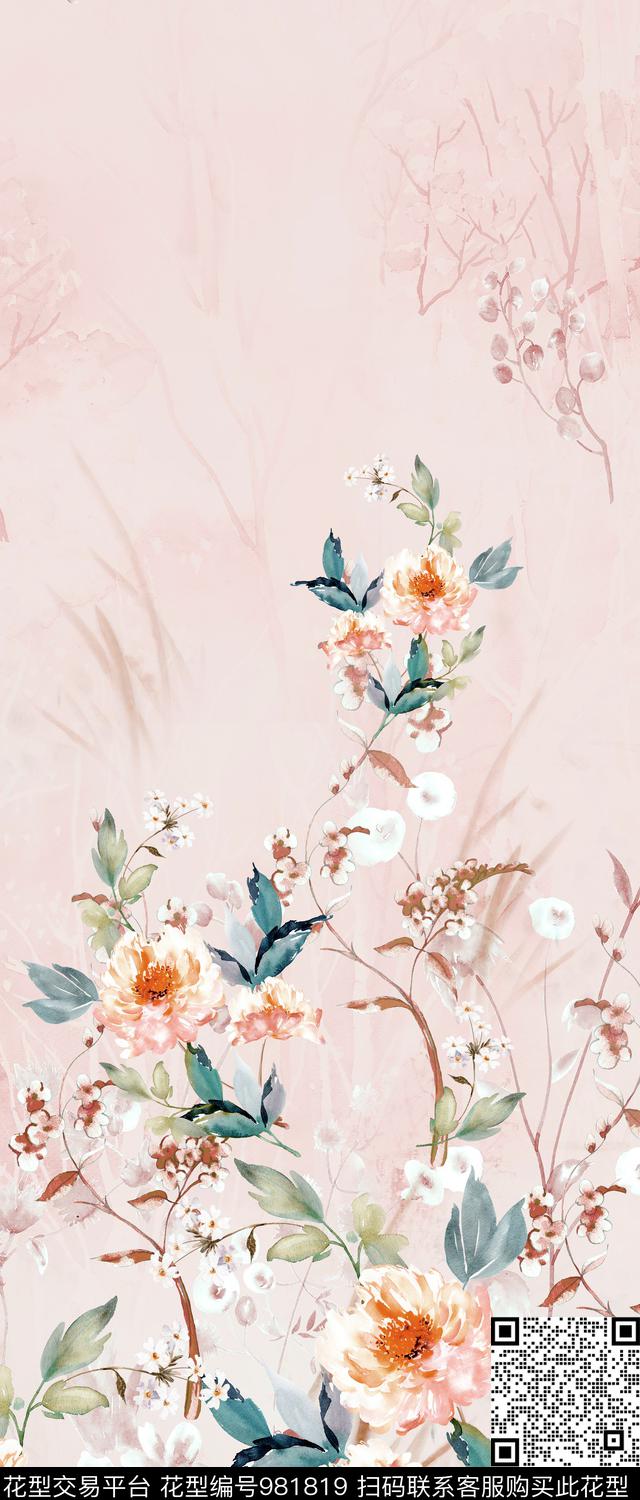 手绘花卉小清新定位春夏华亿平台数码印花华亿平台下载（图片编号: 981819） - 瓦栏（Walan）