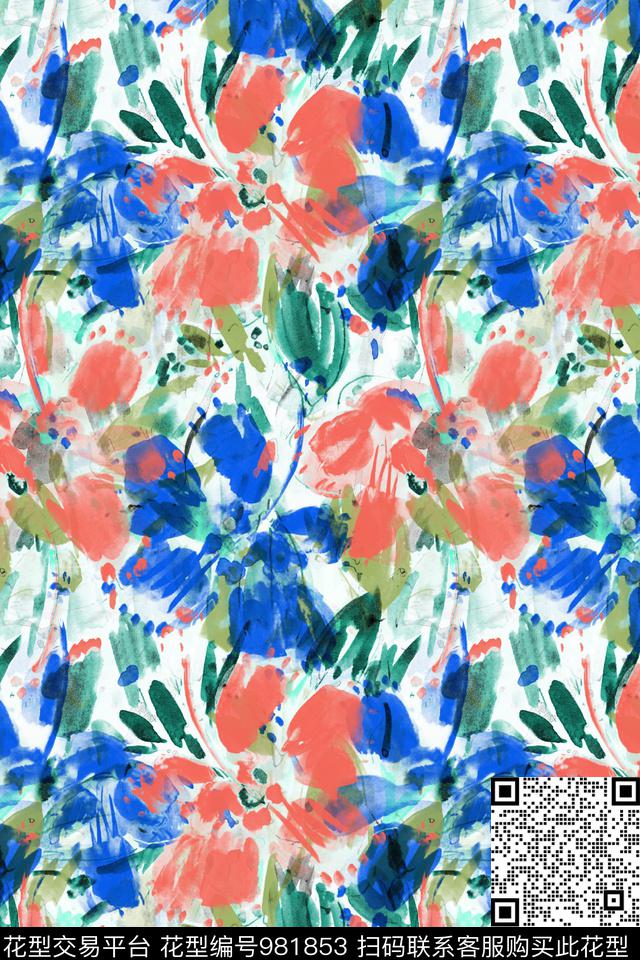 抽象花卉水彩花卉数码印花华亿平台下载（图片编号: 981853） - 瓦栏（Walan）