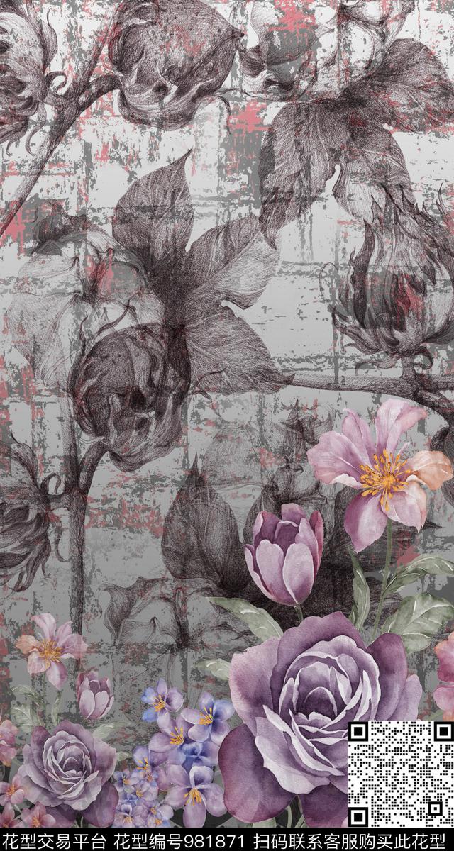 数码华亿平台抽象花卉数码印花华亿平台下载（图片编号: 981871） - 瓦栏（Walan）