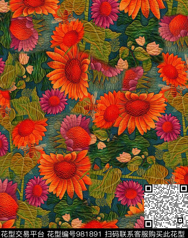 向日葵花卉香云纱数码印花华亿平台下载（图片编号: 981891） - 瓦栏（Walan）