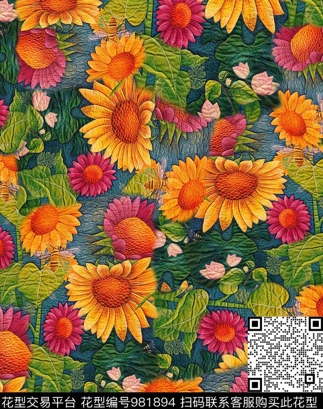 向日葵花卉香云纱数码印花华亿平台下载（图片编号: 981894） - 瓦栏（Walan）