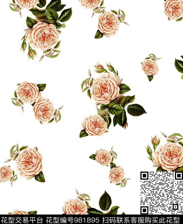 月季花手绘花卉植物数码印花华亿平台下载（图片编号: 981895） - 瓦栏（Walan）