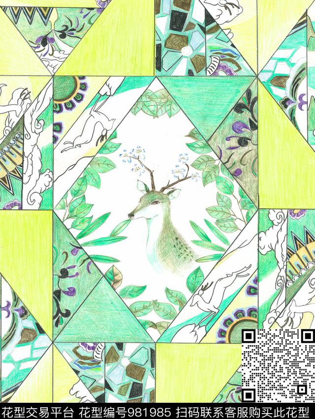 鹿手绘卡通数码印花华亿平台下载（图片编号: 981985） - 瓦栏（Walan）