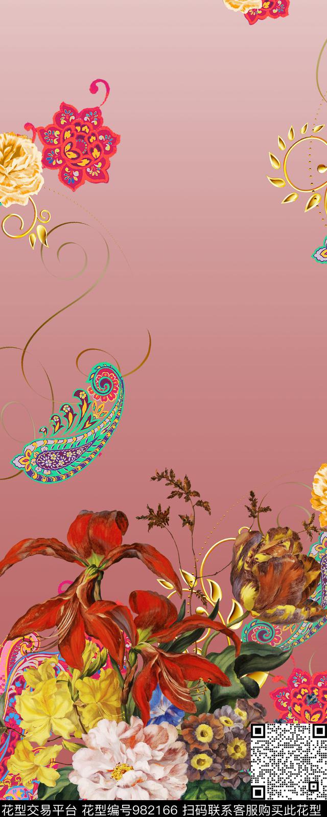 手绘花卉中国风定位花油画华亿平台数码印花华亿平台下载（图片编号: 982166） - 瓦栏（Walan）