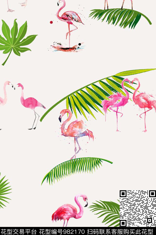 植物火烈鸟棕榈树数码印花华亿平台下载（图片编号: 982170） - 瓦栏（Walan）