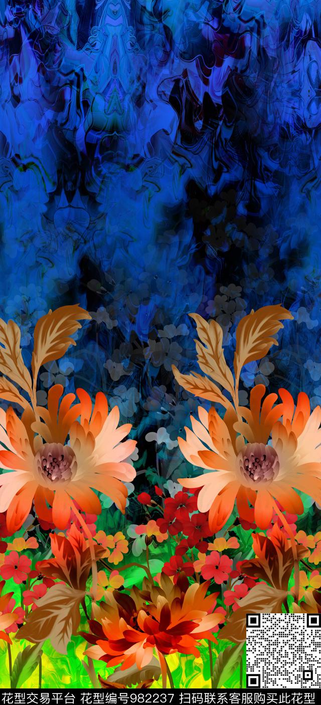渐变花卉植物手绘肌理数码印花华亿平台下载（图片编号: 982237） - 瓦栏（Walan）