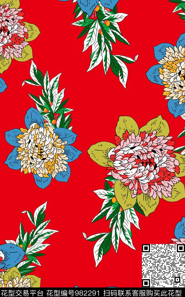 彩底花卉手绘花卉抽象传统印花华亿平台下载（图片编号: 982291） - 瓦栏（Walan）