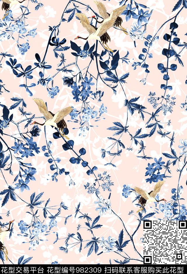 花卉仙鹤年轻女性数码印花华亿平台下载（图片编号: 982309） - 瓦栏（Walan）