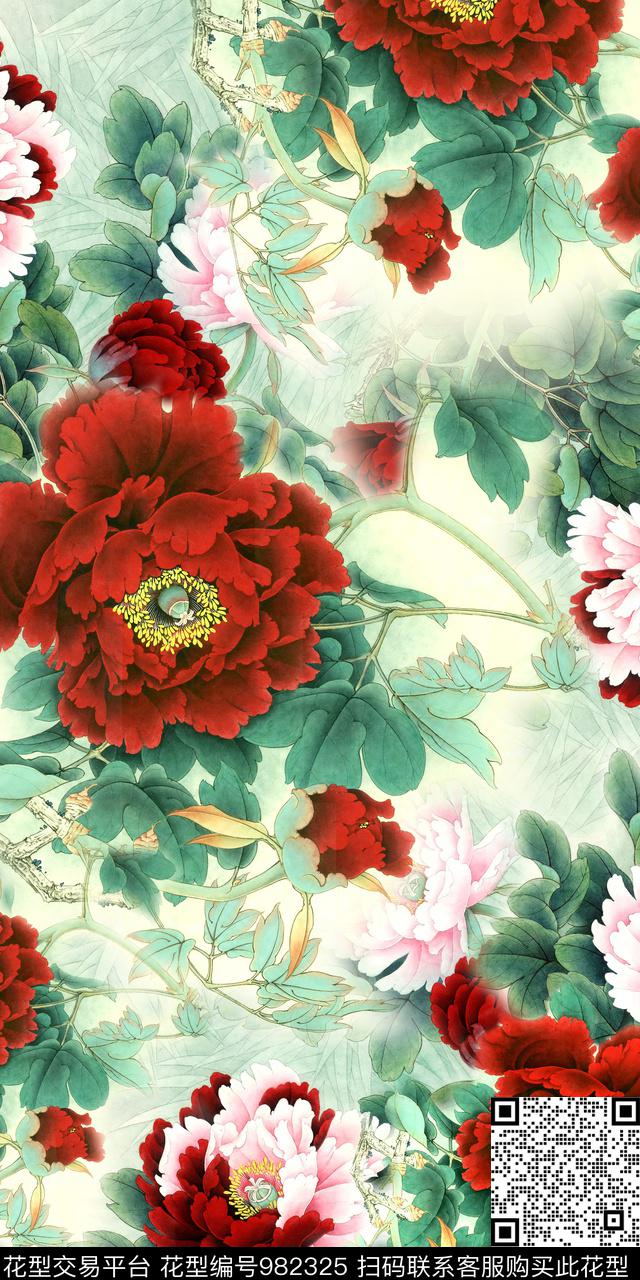 手绘花卉手绘牡丹花中国风数码印花华亿平台下载（图片编号: 982325） - 瓦栏（Walan）