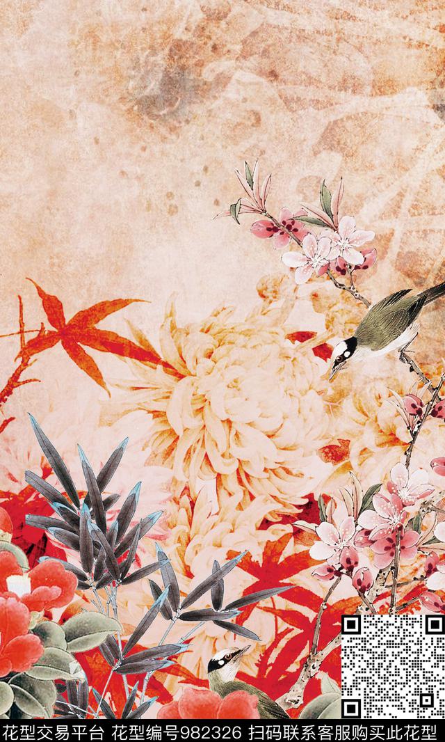 旗袍中国风真丝数码印花华亿平台下载（图片编号: 982326） - 瓦栏（Walan）