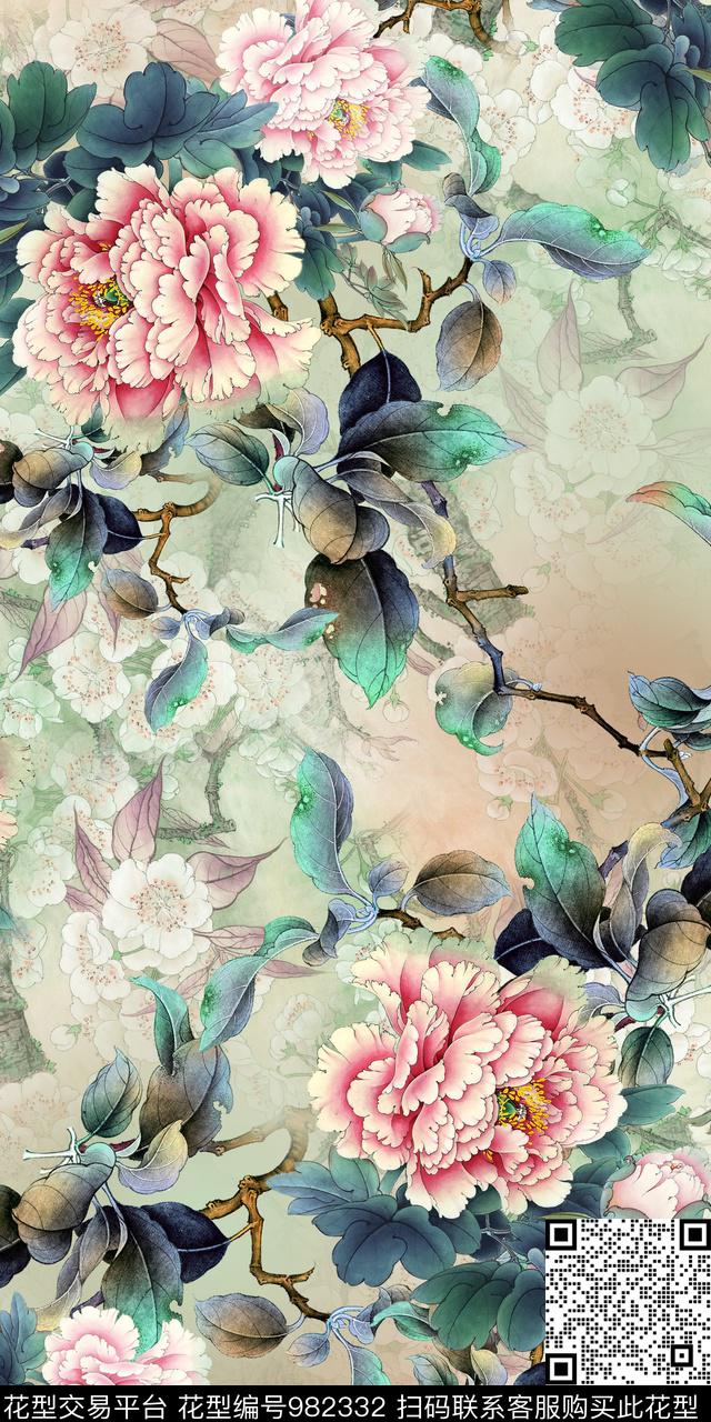 手绘花卉复古中国风数码印花华亿平台下载（图片编号: 982332） - 瓦栏（Walan）