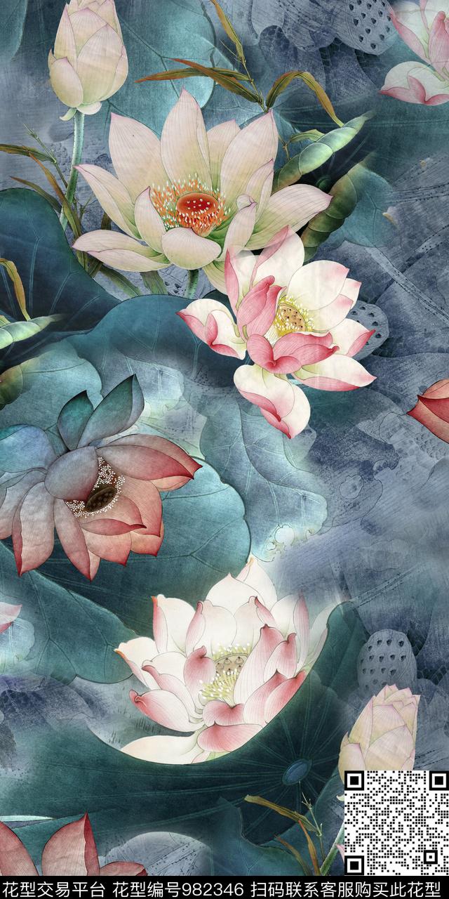 手绘花卉荷花复古数码印花华亿平台下载（图片编号: 982346） - 瓦栏（Walan）