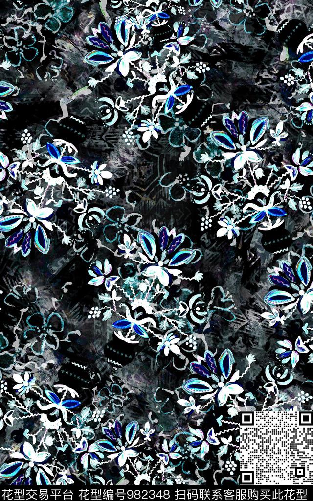 民族风抽象花卉数码印花华亿平台下载（图片编号: 982348） - 瓦栏（Walan）