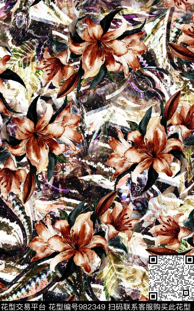 民族风抽象花卉数码印花华亿平台下载（图片编号: 982349） - 瓦栏（Walan）