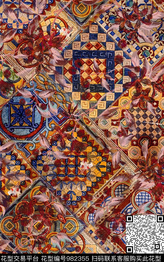 民族风抽象花卉数码印花华亿平台下载（图片编号: 982355） - 瓦栏（Walan）