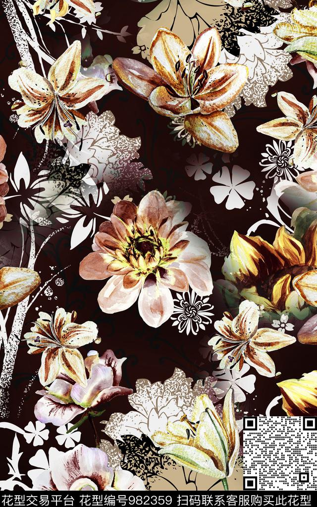 花卉复古数码印花华亿平台下载（图片编号: 982359） - 瓦栏（Walan）