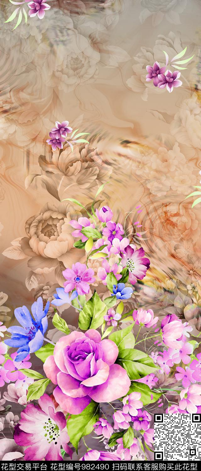 数码华亿平台手绘花卉女装数码印花华亿平台下载（图片编号: 982490） - 瓦栏（Walan）