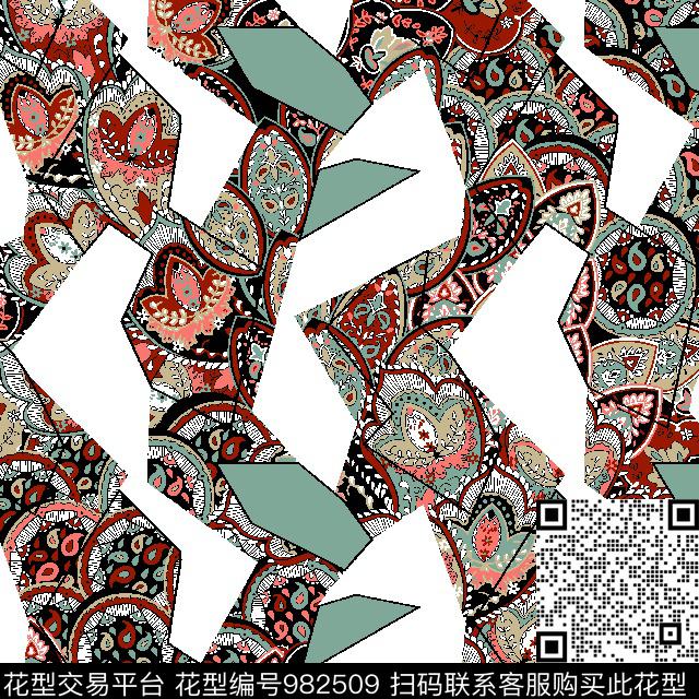 田园花卉几何传统印花华亿平台下载（图片编号: 982509） - 瓦栏（Walan）